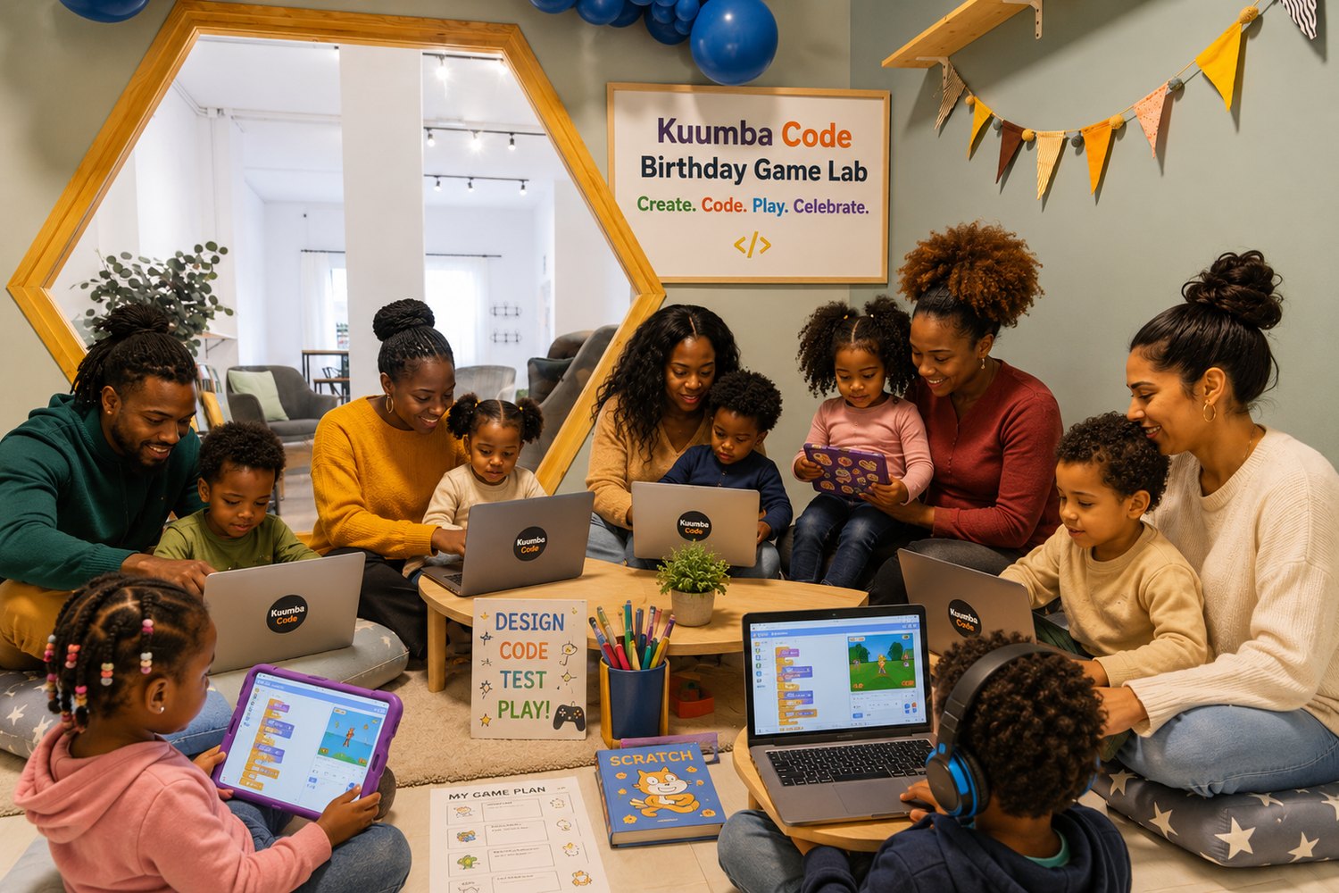Families and children gathered around Kuumba Code laptops at a Birthday Game Lab, building games in Scratch beneath a Create, Code, Play, Celebrate sign