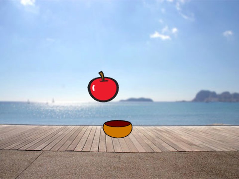 Catching Apples gameplay — an apple falling toward a bowl on a wooden pier
