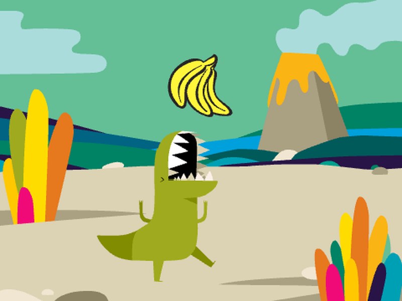 Dino Catch gameplay — a dinosaur on a beach catching falling bananas