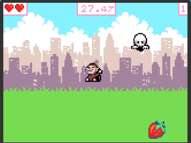 Strawberry Ghost Chase gameplay — the player collecting a strawberry while a ghost gives chase, with lives, a timer and a score on screen